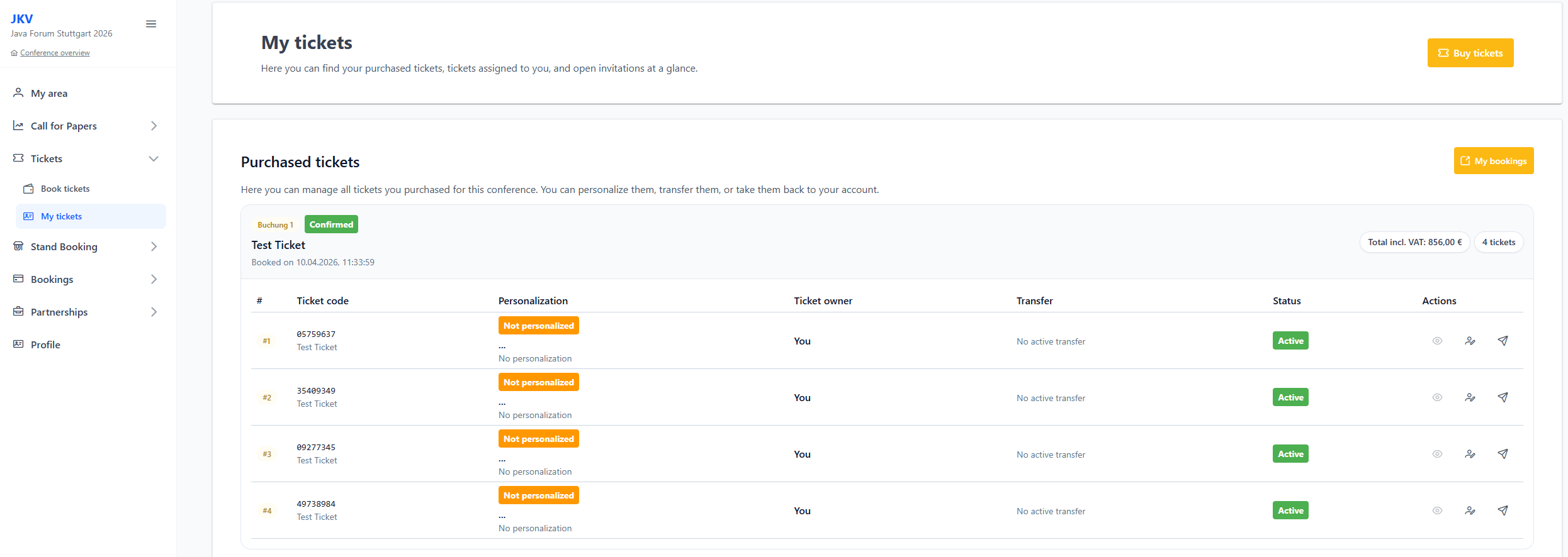 Übersicht der Seite Meine Tickets